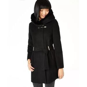 Calvin Klein Belted Asymmetrical Coat with Faux-Fur Hood - XS